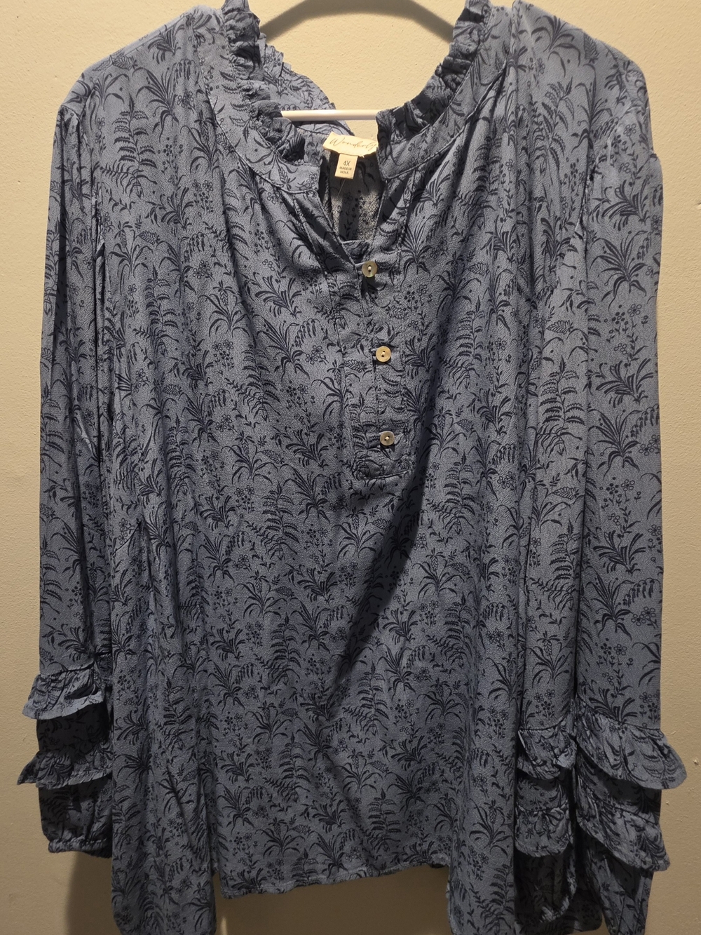 Wonderly Blue Floral Ruffle Henley Top